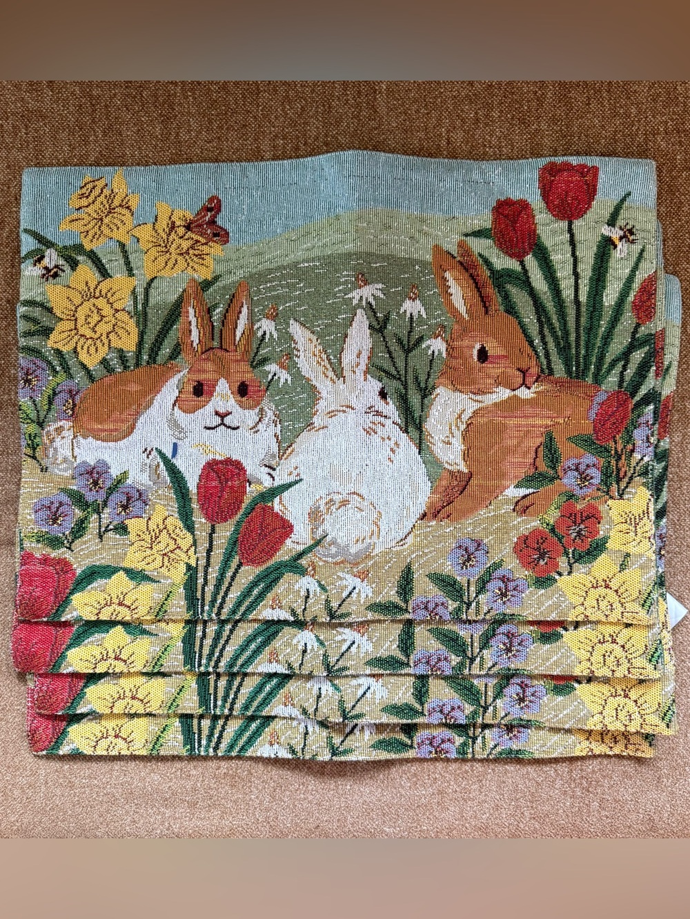 Beautiful Easter Bunny Tapestry Placemats Set Of 4 Made In India Green Yellow